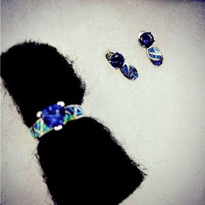 Blue Sapphire/Australian Opal on Sterling Silver set earrings and ring size 6.5